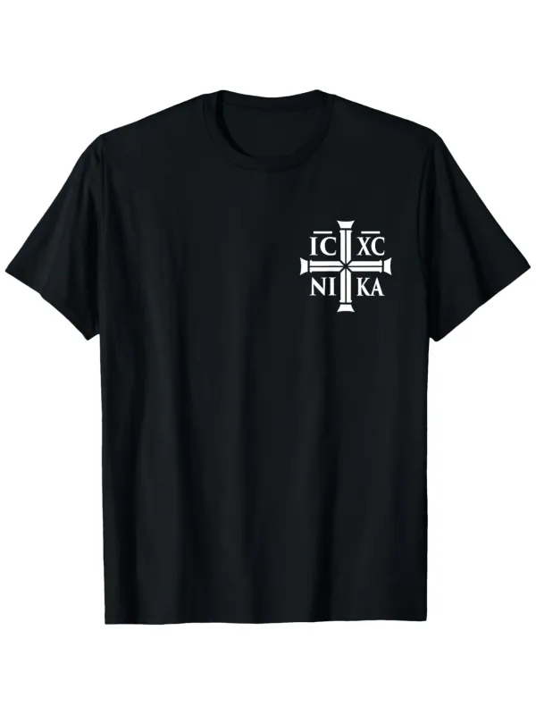 Tailorly Men's Printed Tee - White Orthodox Symbolic Letters With Cross And Religious Icons made by Tailorly