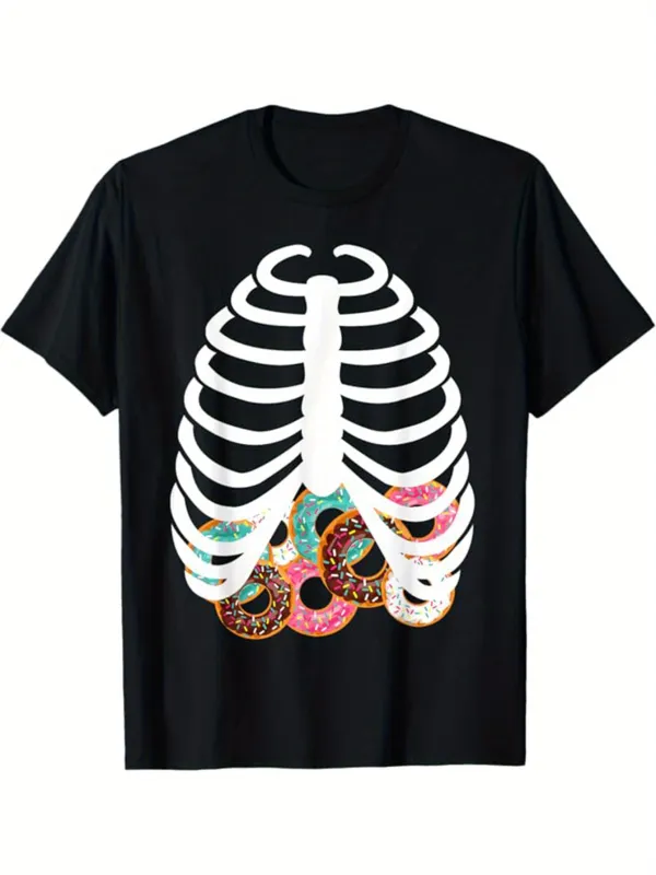 Tailorly Men's Printed Tee - Colorful Sprinkled Donuts Beneath White Skeleton Ribcage made by Tailorly