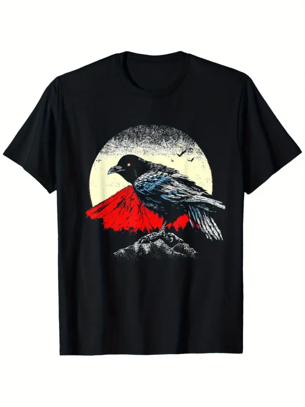 Tailorly Men's Printed Tee - Nocturnal Shadows Red Wings Under Moonlit Night Crow made by Tailorly