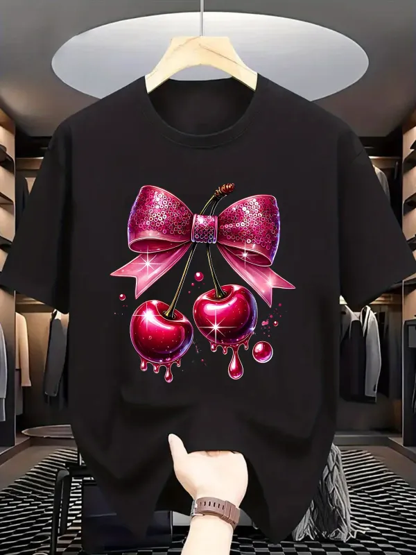 Tailorly Men's Printed Tee - Glossy Cherries With Pink Ribbon And Sparkling Drops Cherry made by Tailorly