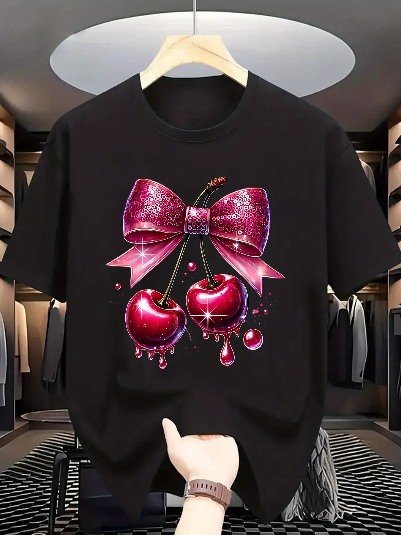Tailorly Men's Printed Tee - Glossy Cherries With Pink Ribbon And Sparkling Drops Cherry sold by Tailorly