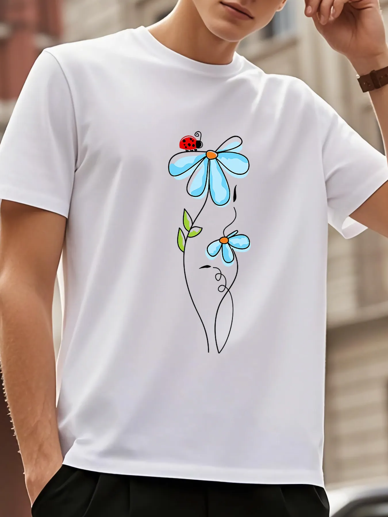 Tailorly Men's Printed Tee - Bright Blue Petals With A Ladybug Resting On Summer Blossom Flower sold by Tailorly