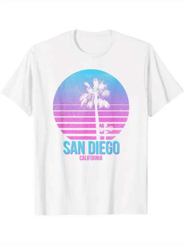 Tailorly Men's Printed Tee - San Diego Sunset Gradient With Palm Tree And Retro Horizon made by Tailorly