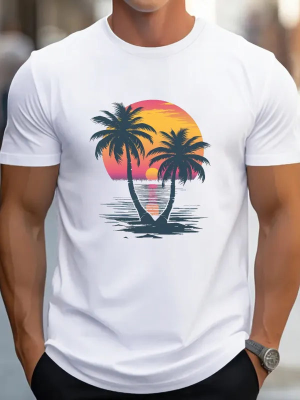 Tailorly Men's Printed Tee - Golden Sunset Reflected On Water With Palms At Tranquil Beach made by Tailorly