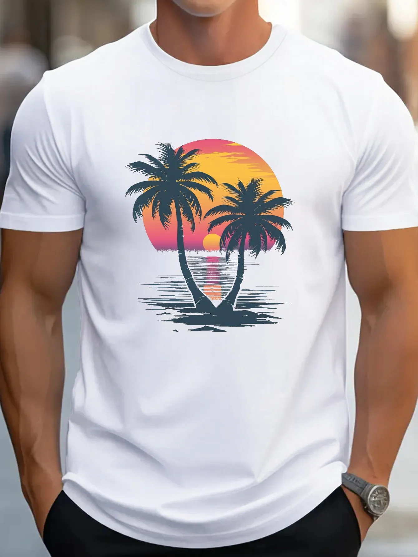 Tailorly Men's Printed Tee - Golden Sunset Reflected On Water With Palms At Tranquil Beach sold by Tailorly