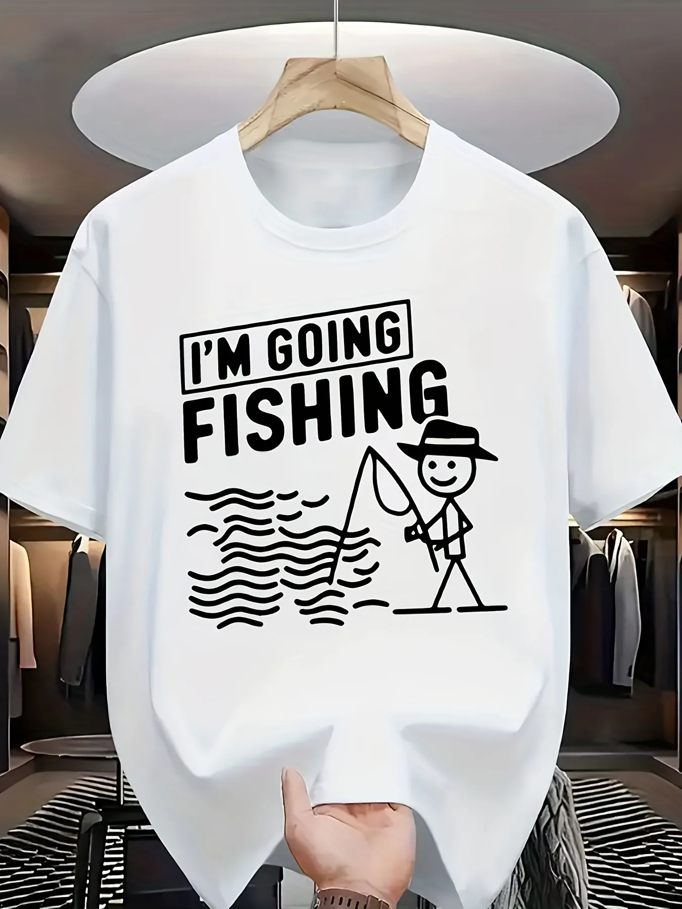 Tailorly Men's Printed Tee - Im Going Fishing Smiling Stick Figure Man With Fishing Rod And Wavy Water sold by Tailorly