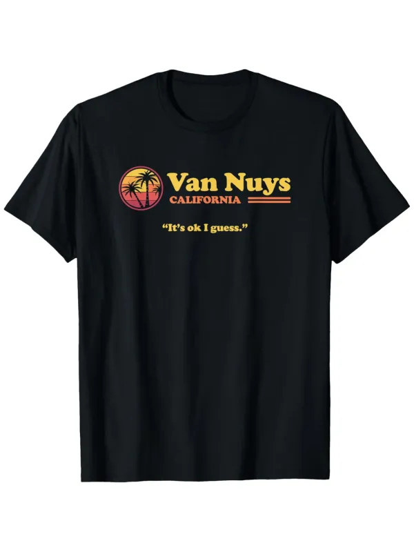Tailorly Men's Printed Tee - Van Nuys California Sunset Palms With Retro Vintage Text T Shirt made by Tailorly