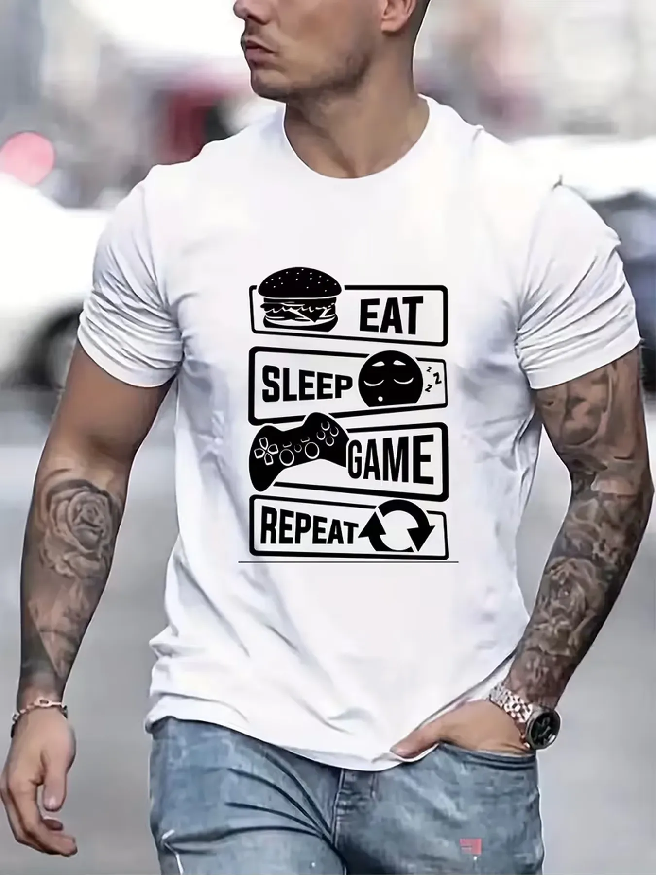 Tailorly Men's Printed Tee - Eat Sleep Game Repeat With Playful Gaming Icons And Minimalist Styling T Shirt sold by Tailorly