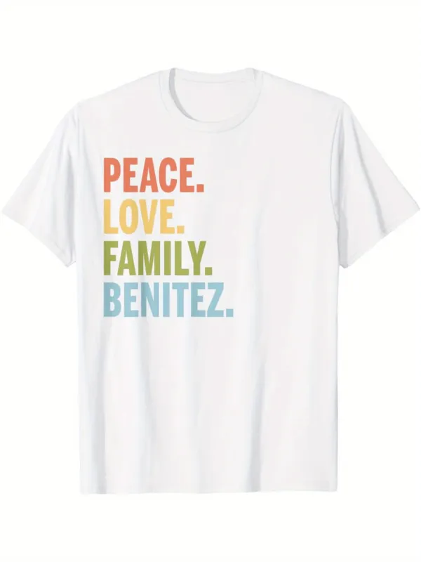 Tailorly Men's Printed Tee - Peace Love Family Benitez Bold Colorful Block Lettering made by Tailorly