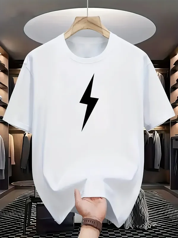 Tailorly Men's Printed Tee - Minimalist Black Thunder Bolt In Crisp White T Shirt Center made by Tailorly