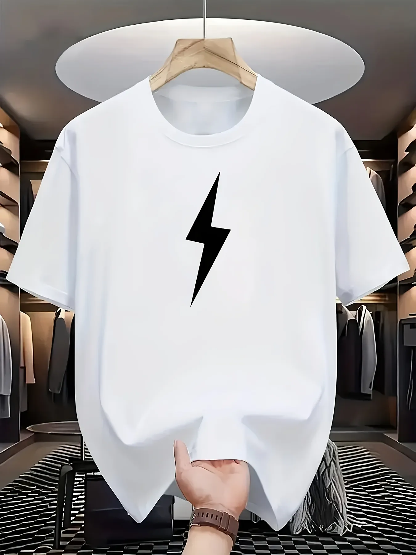 Tailorly Men's Printed Tee - Minimalist Black Thunder Bolt In Crisp White T Shirt Center sold by Tailorly