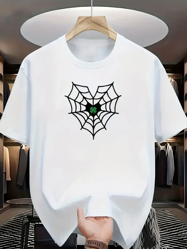 Tailorly Men's Printed Tee - Geometric Spider Web With Green Accented Lines Centered Spider made by Tailorly