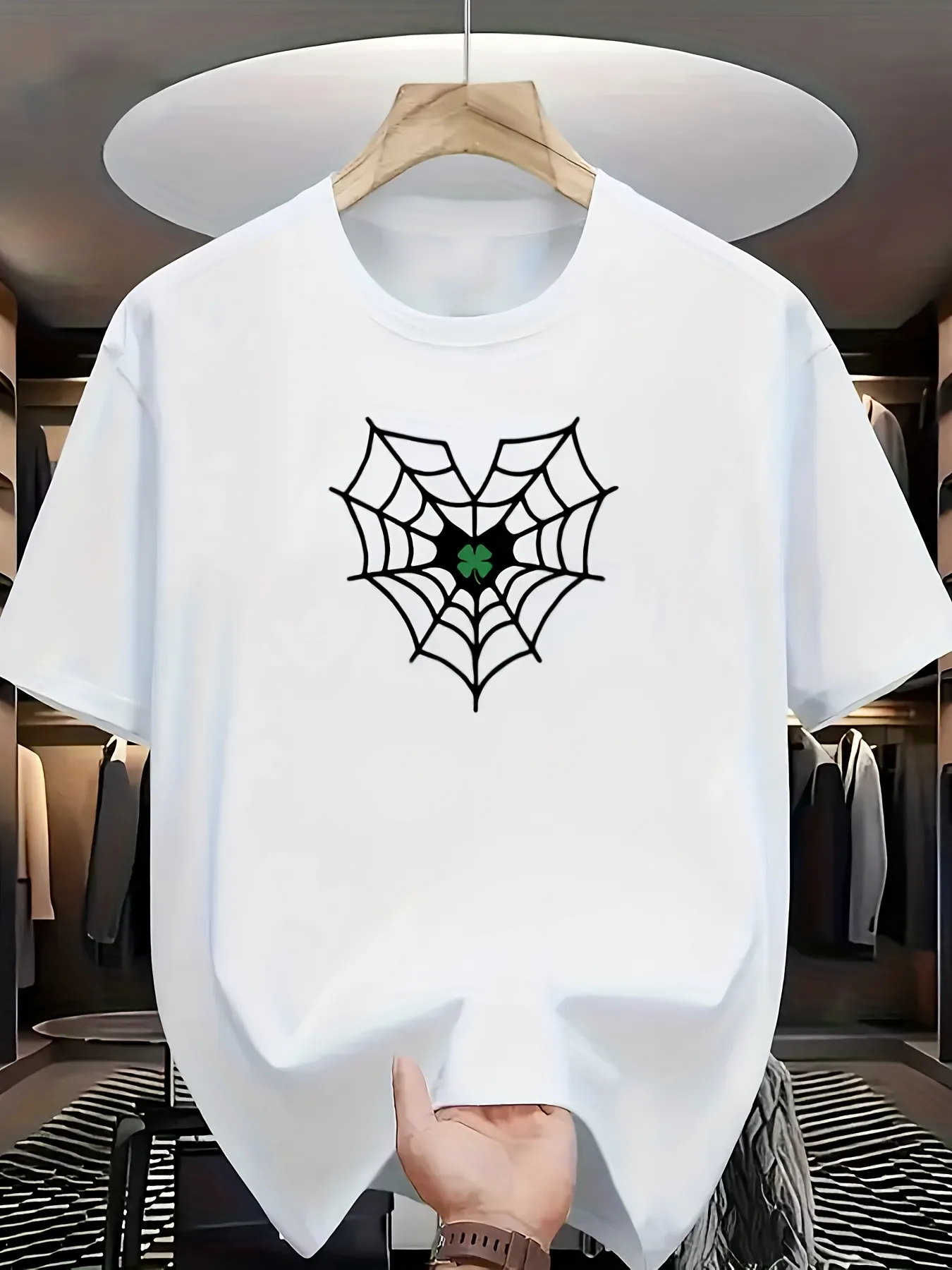 Tailorly Men's Printed Tee - Geometric Spider Web With Green Accented Lines Centered Spider sold by Tailorly