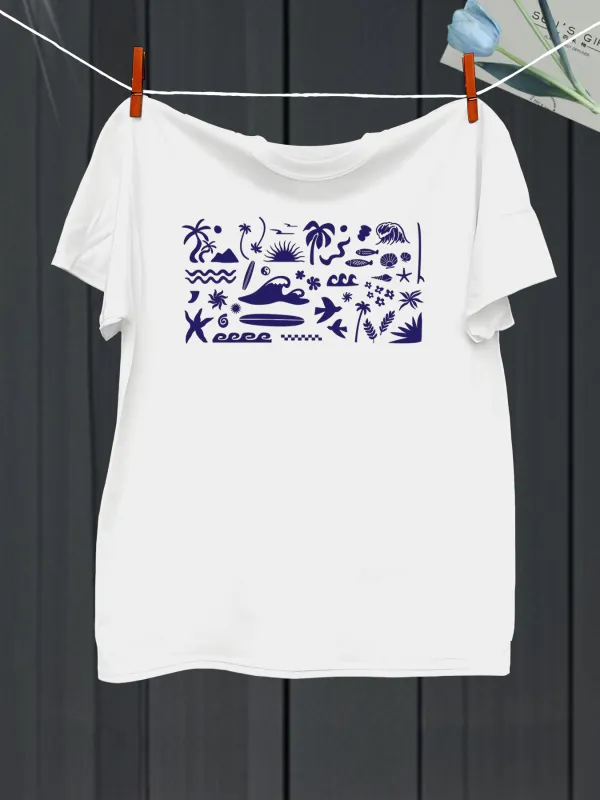Tailorly Men's Printed Tee - Summer Adventure With Waves Palms Sun Birds And Swimmers Ocean made by Tailorly