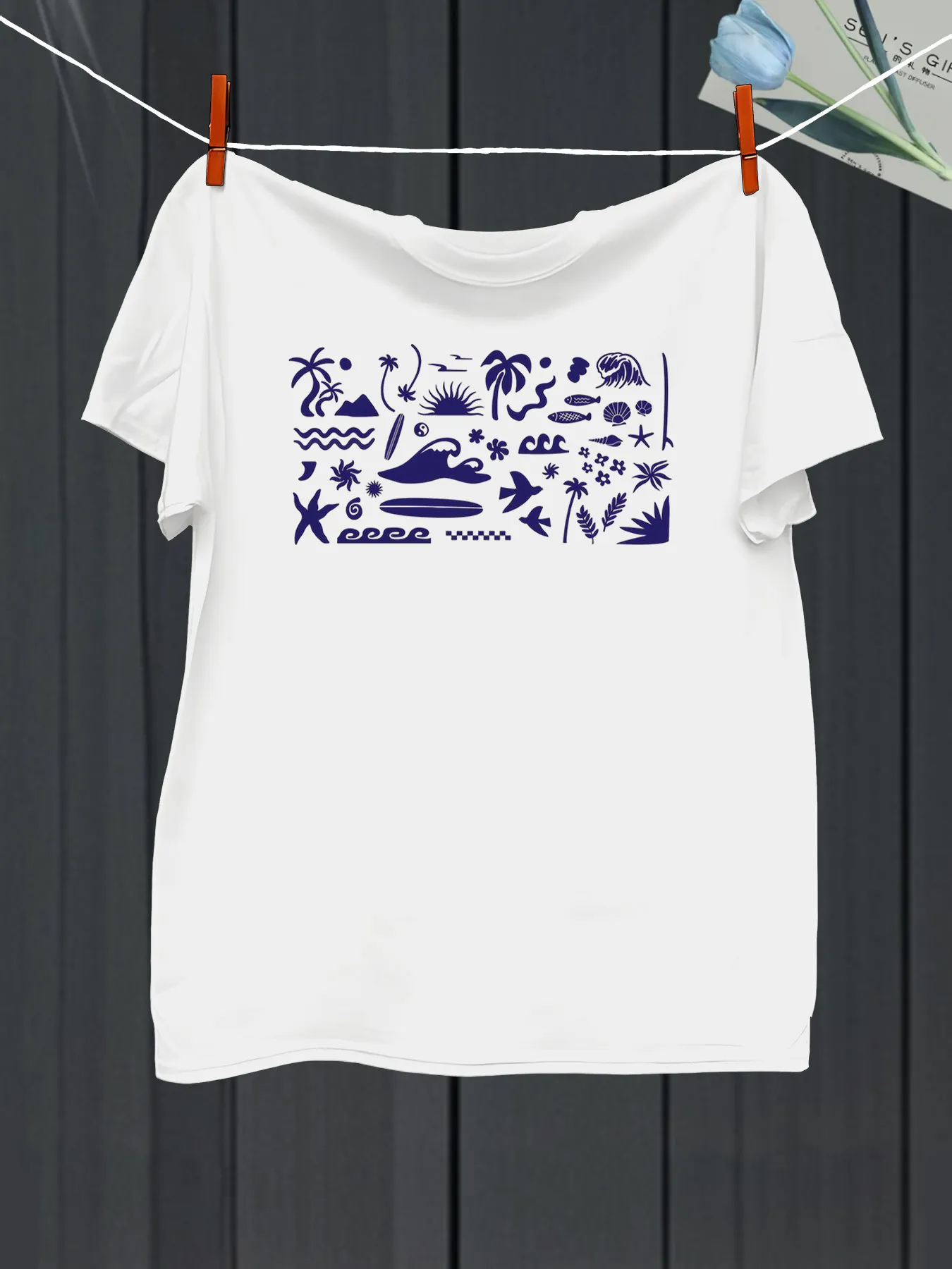 Tailorly Men's Printed Tee - Summer Adventure With Waves Palms Sun Birds And Swimmers Ocean sold by Tailorly