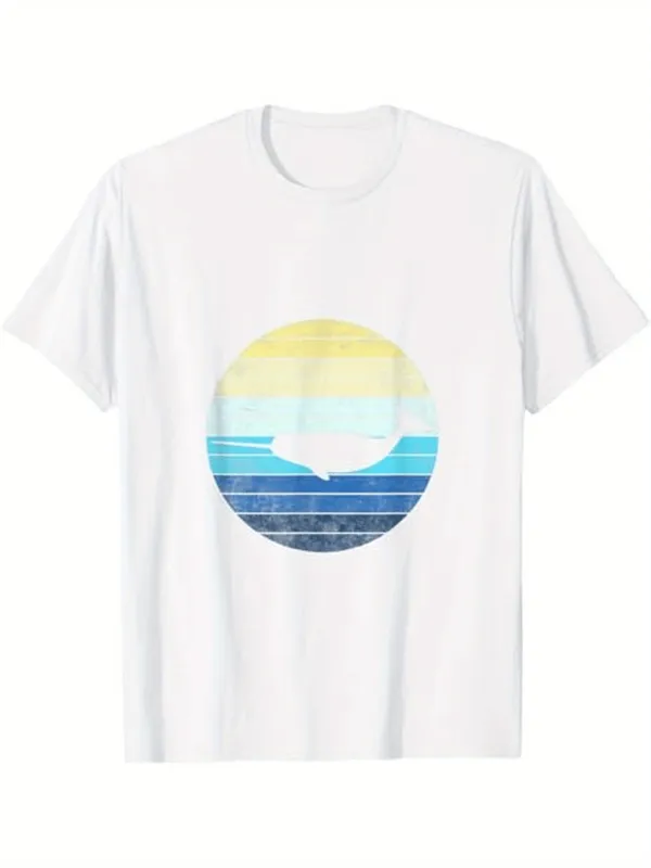 Tailorly Men's Printed Tee - Abstract Horizon With Faded Blue Yellow Lines In Calm Circular Design Sunset made by Tailorly