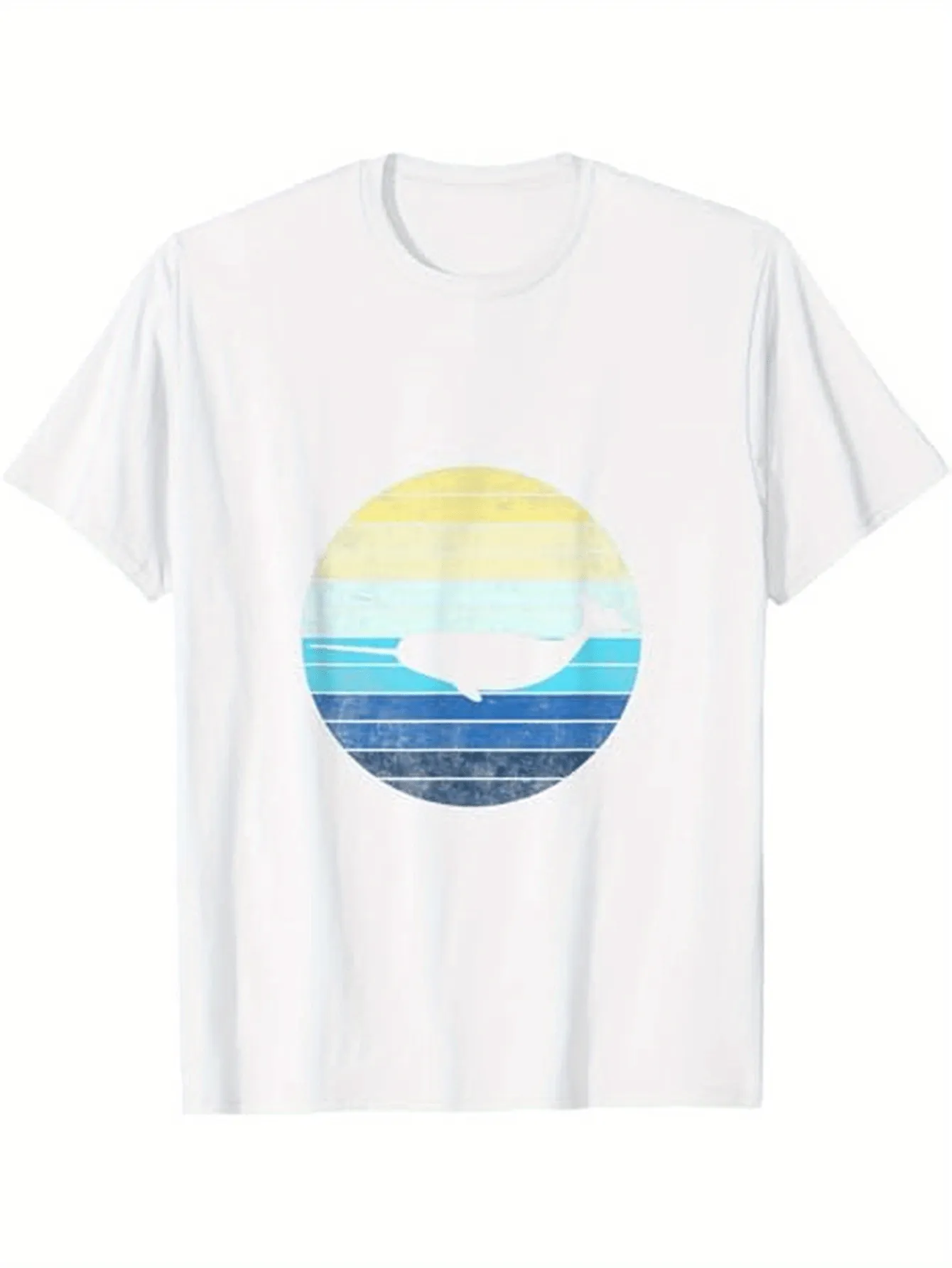 Tailorly Men's Printed Tee - Abstract Horizon With Faded Blue Yellow Lines In Calm Circular Design Sunset sold by Tailorly