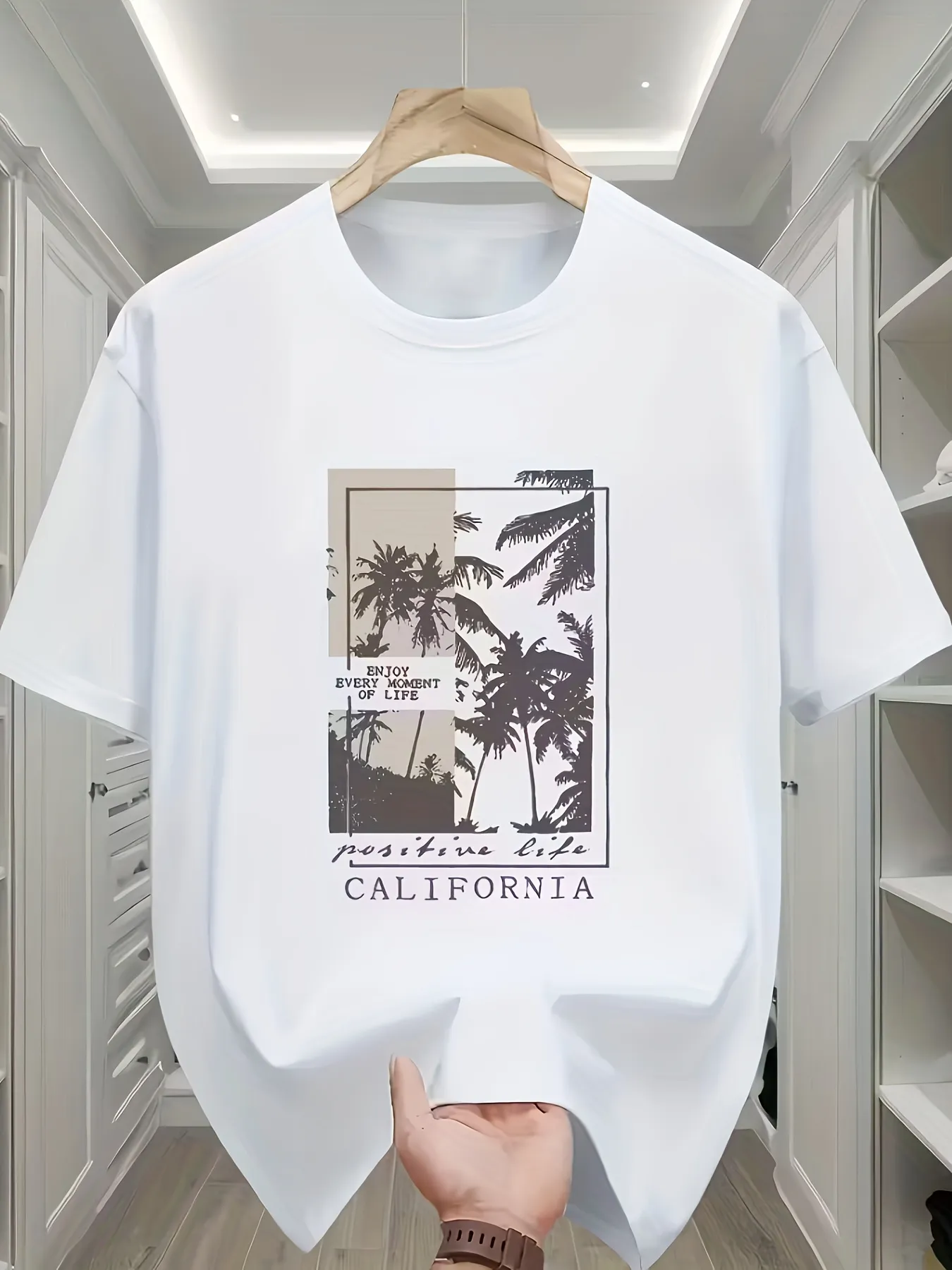Tailorly Men's Printed Tee - Positive Life Among Tall Palm Trees Under Summer Sunset California sold by Tailorly
