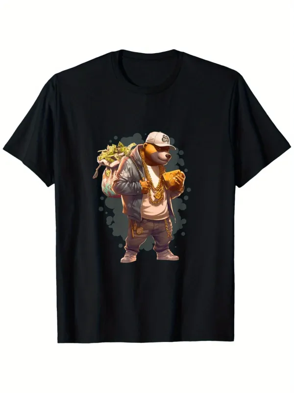 Tailorly Men's Printed Tee - Urban Style Bear With Gold Chains Backpack And Baseball Cap Bear made by Tailorly