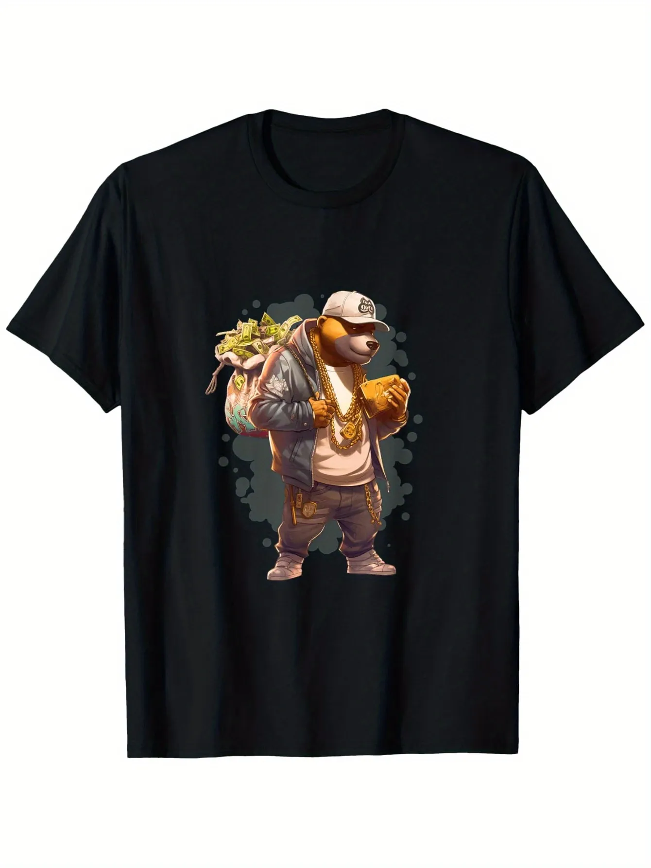 Tailorly Men's Printed Tee - Urban Style Bear With Gold Chains Backpack And Baseball Cap Bear sold by Tailorly