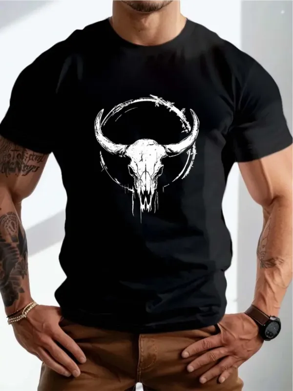 Tailorly Men's Printed Tee - Weathered Horned Skull With Painted Circular Shadows Skull made by Tailorly