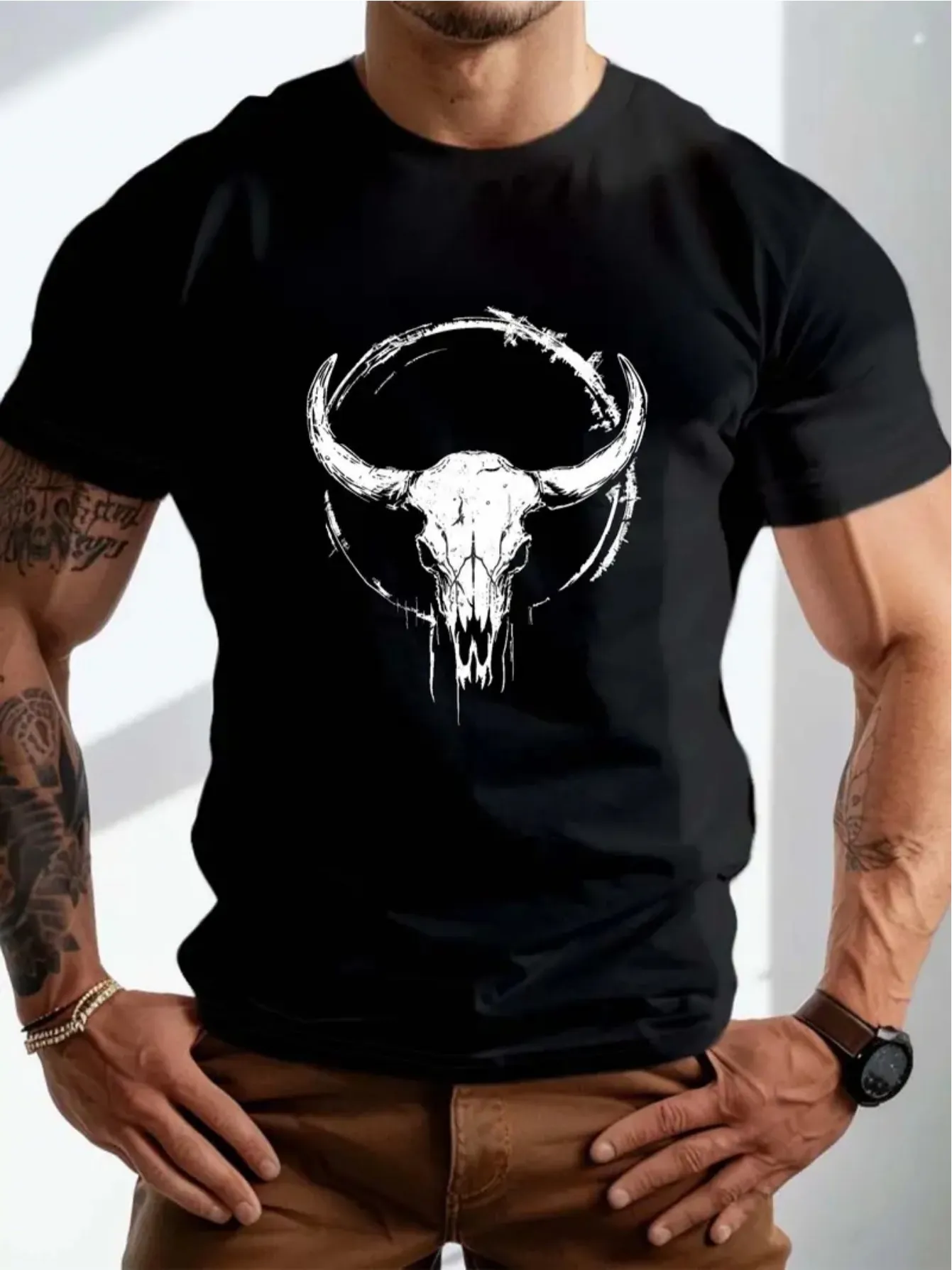 Tailorly Men's Printed Tee - Weathered Horned Skull With Painted Circular Shadows Skull sold by Tailorly