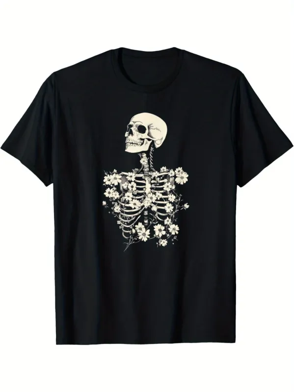 Tailorly Men's Printed Tee - Blooming Skeleton With Delicate White Flowers Growing From Bones made by Tailorly