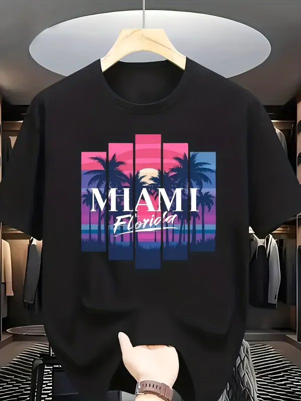 Tailorly Men's Printed Tee - Miami Florida Palm Trees Over Neon Sunset Sky made by Tailorly