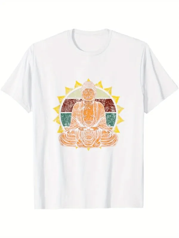 Tailorly Men's Printed Tee - Radiant Sunlight Mandala With Peaceful Seated Meditating Buddha Figure made by Tailorly