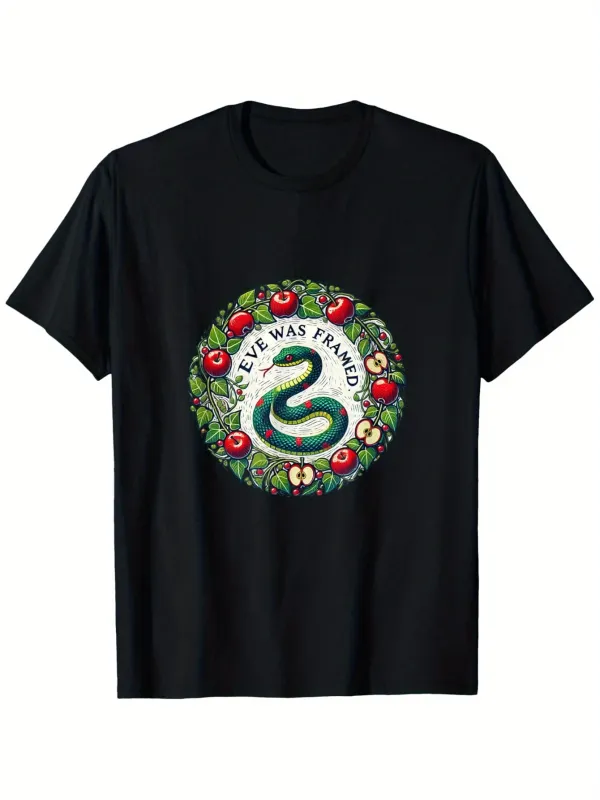 Tailorly Men's Printed Tee - Eve Was Framed Coiled Serpent Surrounded By Lush Green Leaves And Red Apples Snake made by Tailorly