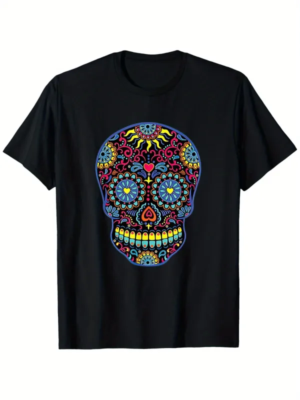 Tailorly Men's Printed Tee - Colorful Ornamental Flowers Swirling Around Sugar Skull made by Tailorly