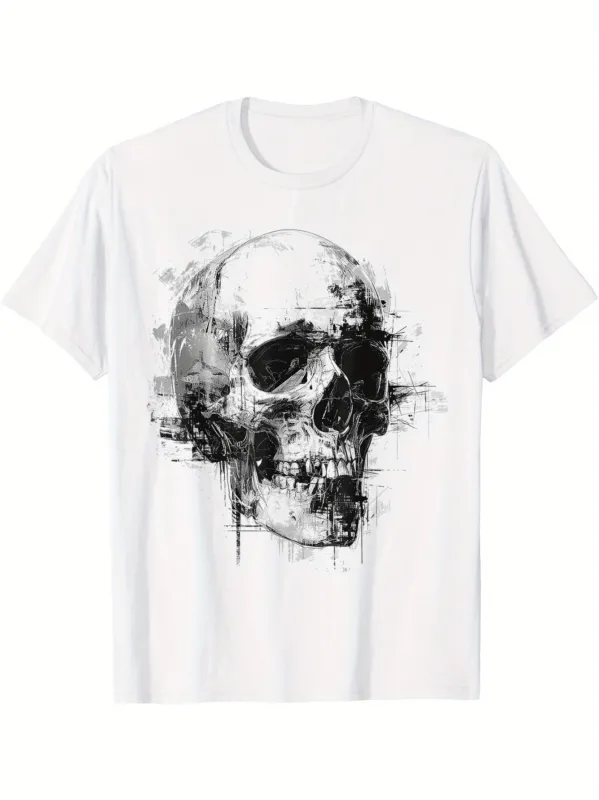 Tailorly Men's Printed Tee - Abstract Ink Brush Strokes Surrounding Moody Anatomical Human Skull made by Tailorly