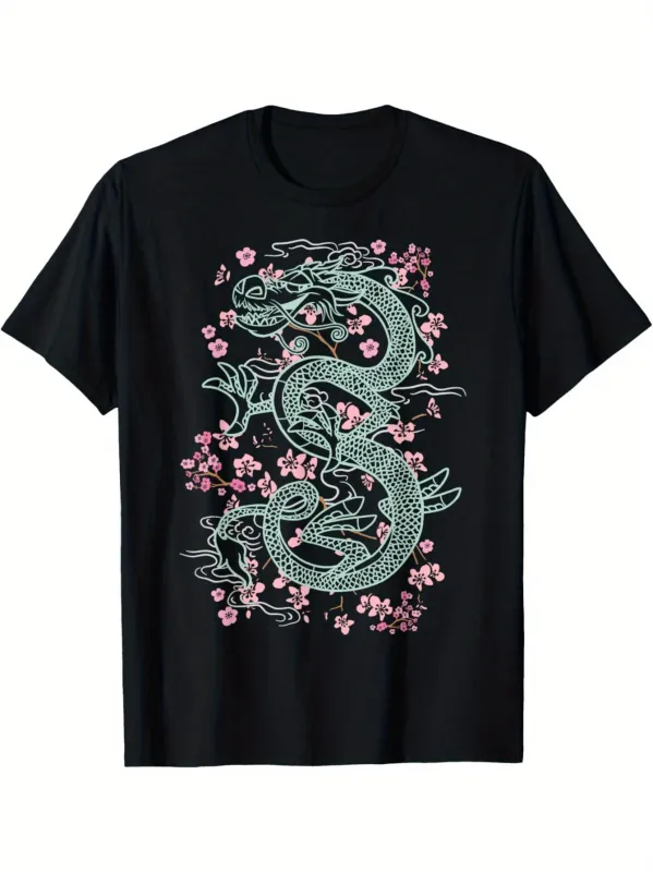 Tailorly Men's Printed Tee - Floral Cherry Blossoms With Swirling Ornamental Jade Dragon made by Tailorly