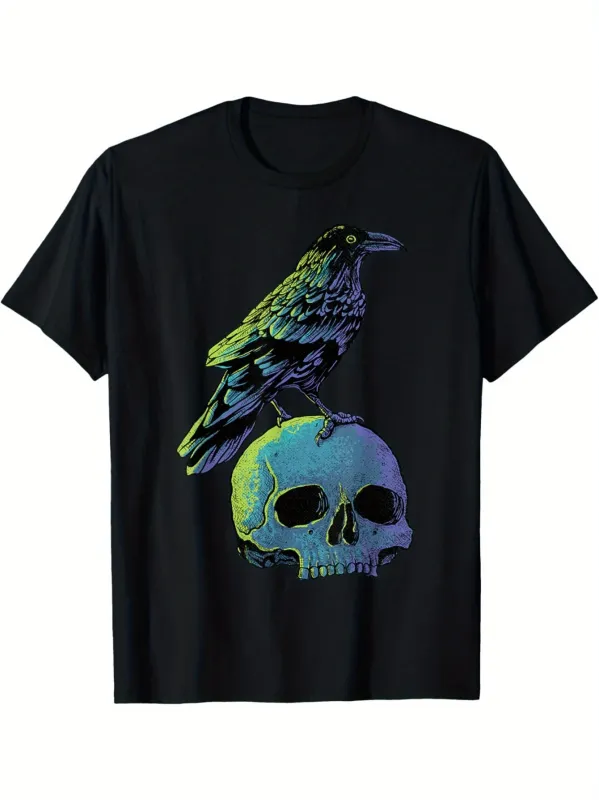 Tailorly Men's Printed Tee - Dark Crow Perched On Luminous Skull Under Mysterious Shadows Artwork Skull made by Tailorly