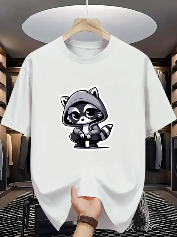 Tailorly Men's Printed Tee - Playful Black Hoodie Cartoon Raccoon In Monochrome On White Shirt Raccoon made by Tailorly