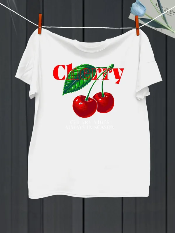 Tailorly Men's Printed Tee - Cherry Red Letters With Green Leaf Featuring Juicy Double Fruit Cherry made by Tailorly