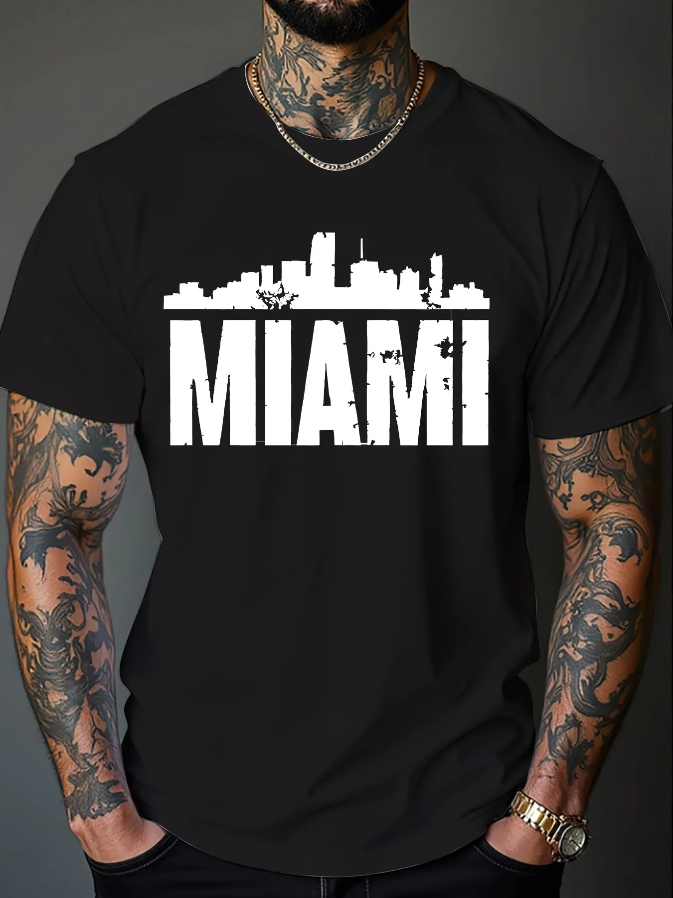 Tailorly Men's Printed Tee - Miami Urban Skyline Silhouette With City Buildings Above Bold Letters sold by Tailorly