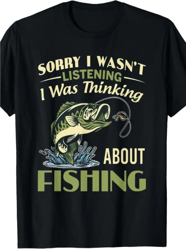 Tailorly Men's Printed Tee - Sorry I Wasnt Listening I Was Thinking About Fishing Jumping Trout Splashes Among Blue Rippling Water Fish made by Tailorly