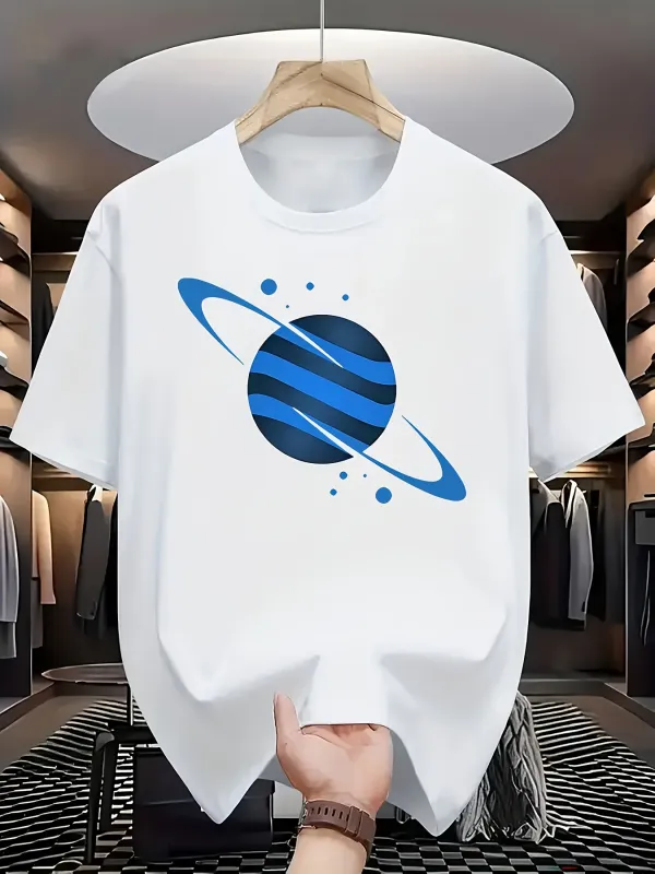Tailorly Men's Printed Tee - Electric Blue Rings With Swirling Black Centered Planet made by Tailorly