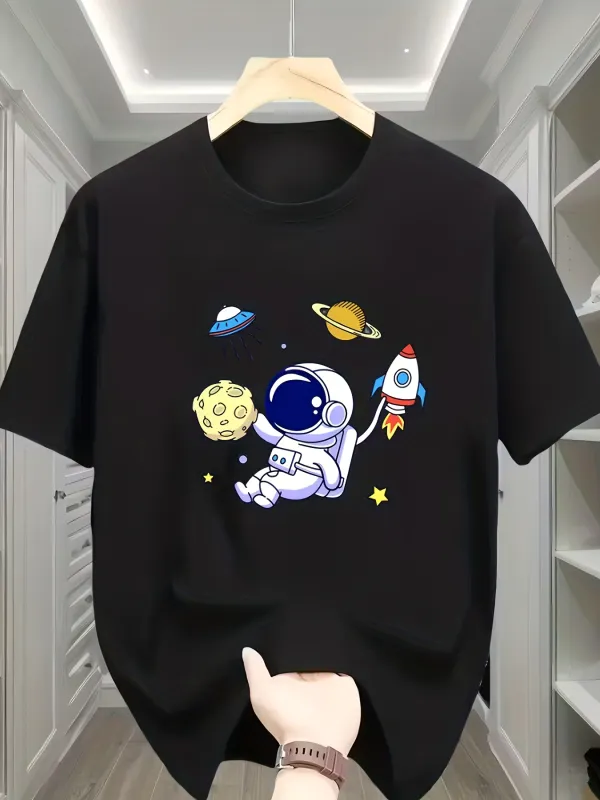 Tailorly Men's Printed Tee - Floating Cartoon Astronaut Surrounded By Planets Stars And Whimsical Spaceship made by Tailorly