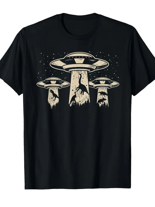 Tailorly Men's Printed Tee - Mysterious Night Sky With UFOs Beaming Light Over Grazing Cows made by Tailorly