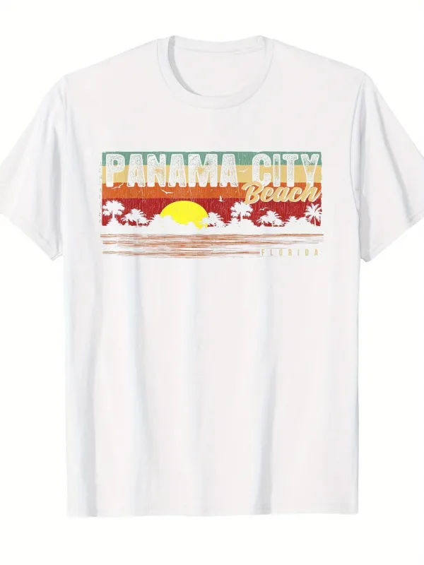 Tailorly Men's Printed Tee - Panama City Beach Sunset With Vintage Waves And Fading Dusk Sun made by Tailorly