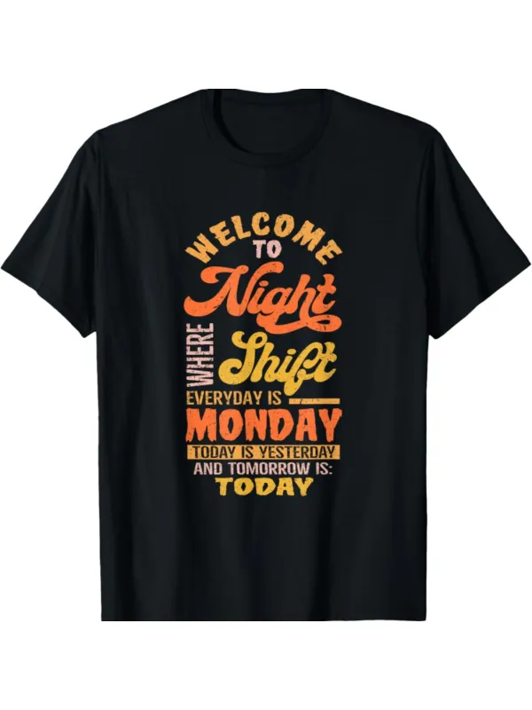Tailorly Men's Printed Tee - Welcome To Night Shift With Bold Lettering And Vibrant Tones Typography made by Tailorly