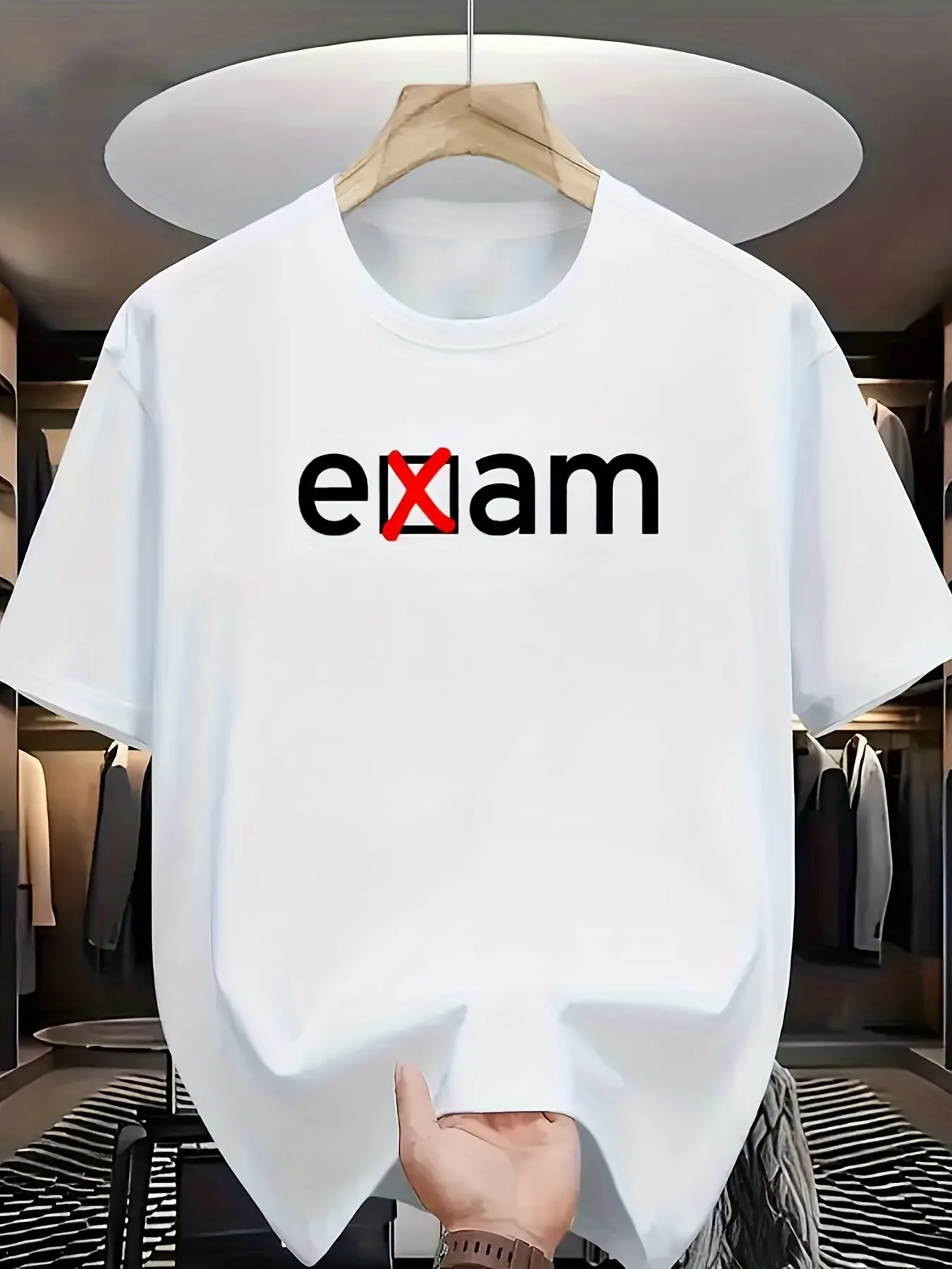 Tailorly Men's Printed Tee - Bold Letters With Red Cross Mark And Simple Exam Text sold by Tailorly