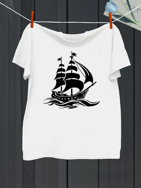Tailorly Men's Printed Tee - Shadow Waves With Billowing Sails Under Crisp Evening Breeze Ship made by Tailorly