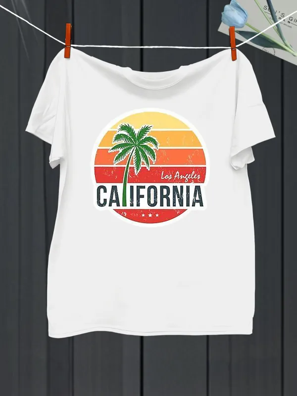 Tailorly Men's Printed Tee - Los Angeles Sunset Palms With Vibrant Stripes California made by Tailorly