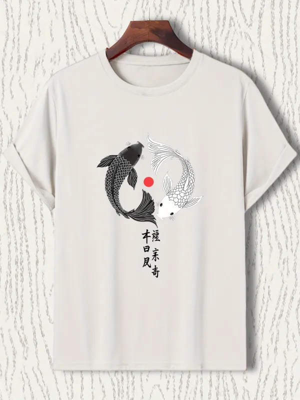 Tailorly Men's Printed Tee - Minimalist Ink Style With Yin Yang Circle Featuring Koi Fish made by Tailorly