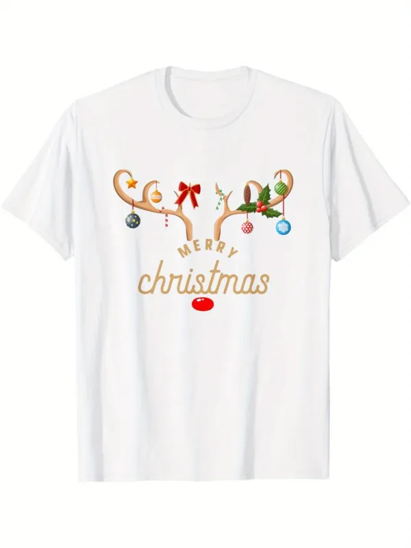 Tailorly Men's Printed Tee - Merry Christmas Festive Holiday Ornaments Adorning Reindeer Antlers Surrounded By Cheerful Decorations made by Tailorly