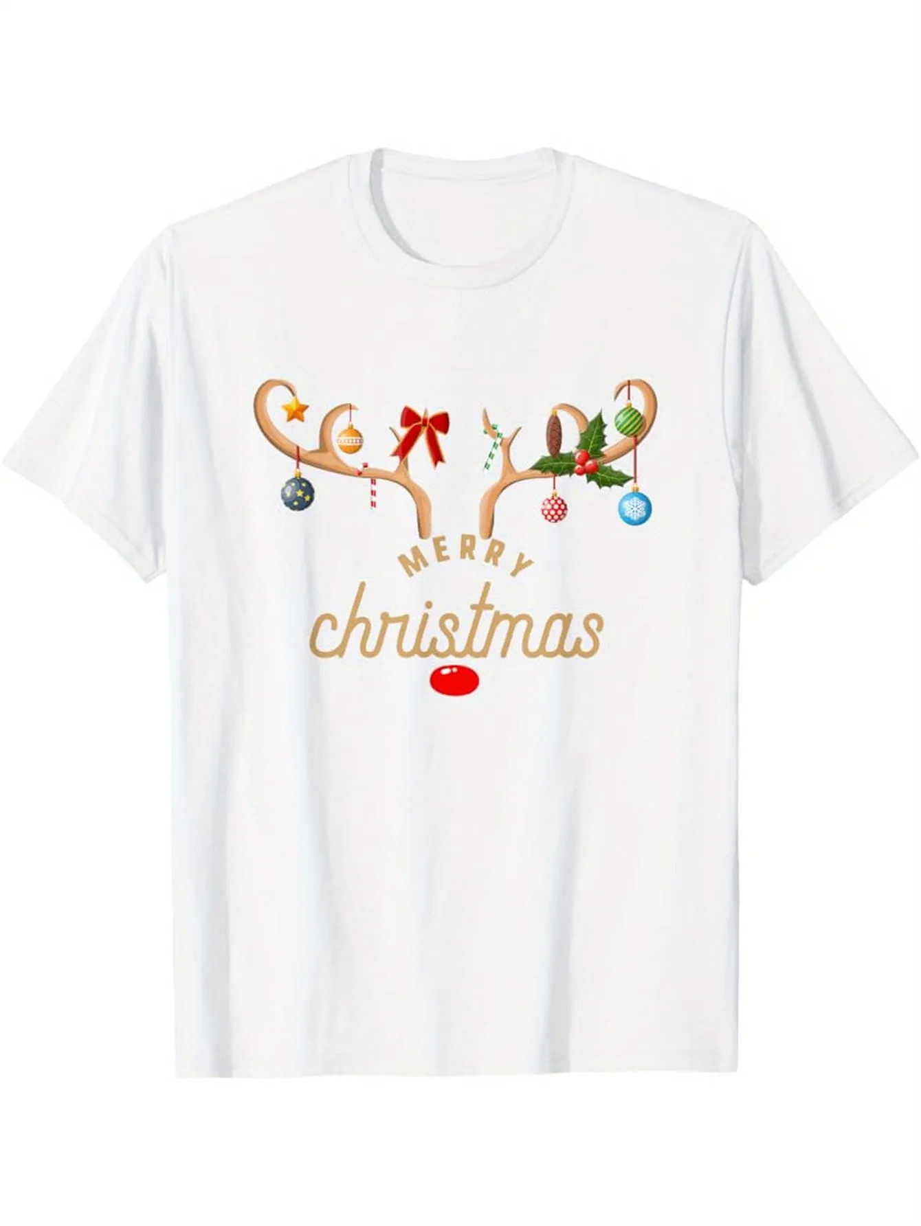 Tailorly Men's Printed Tee - Merry Christmas Festive Holiday Ornaments Adorning Reindeer Antlers Surrounded By Cheerful Decorations sold by Tailorly