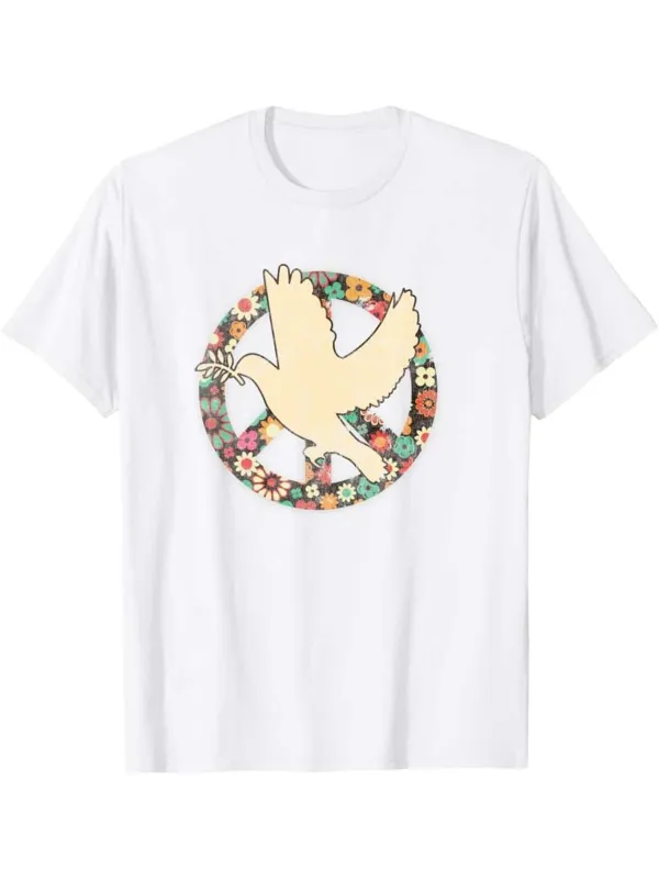 Tailorly Men's Printed Tee - Floral Peace Symbol With Soaring Cream Colored Dove made by Tailorly